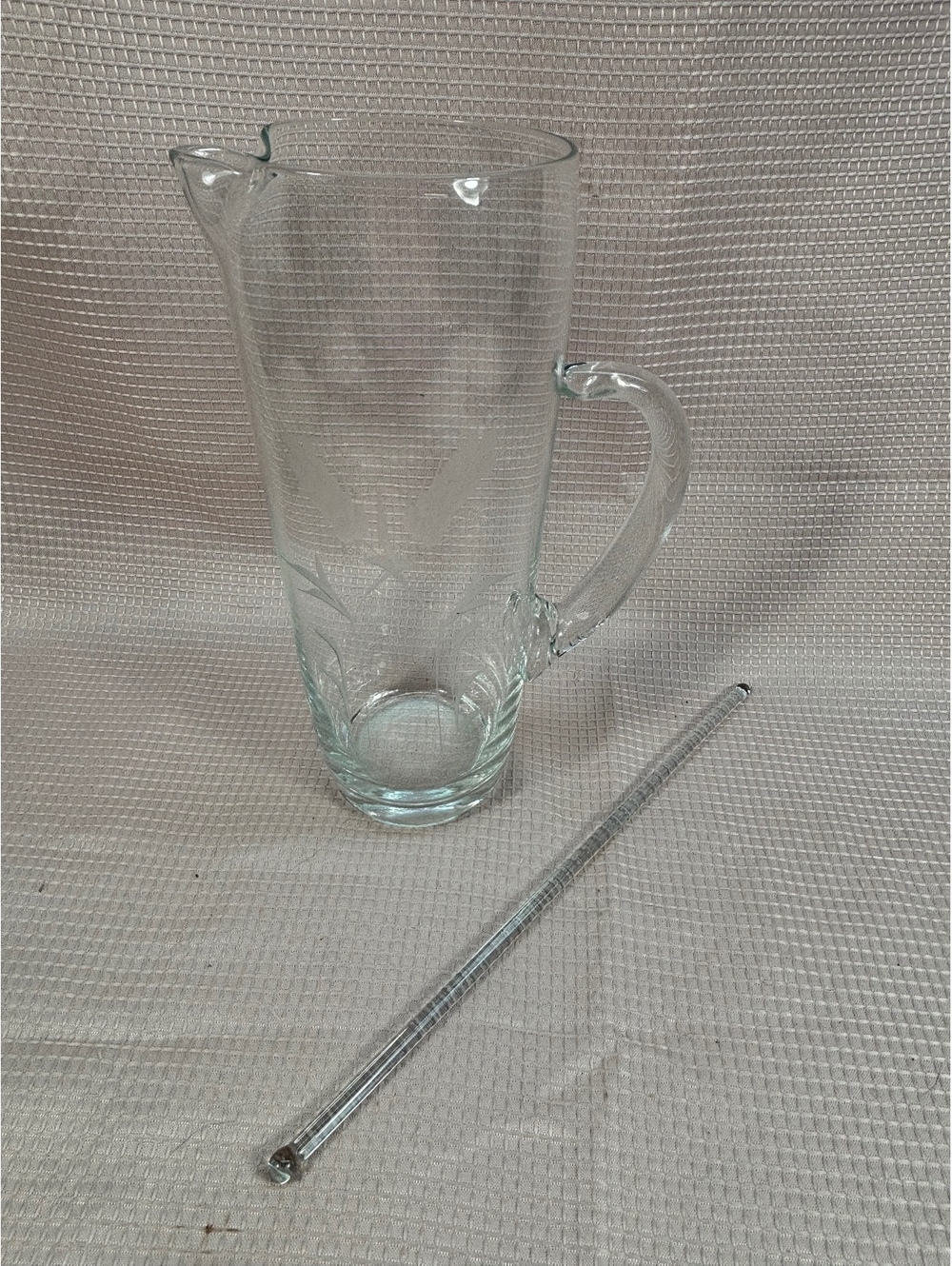 274 - MCM Martini Cocktail Glass Pitcher & Glass Stirrer etched wheat pattern 9”
